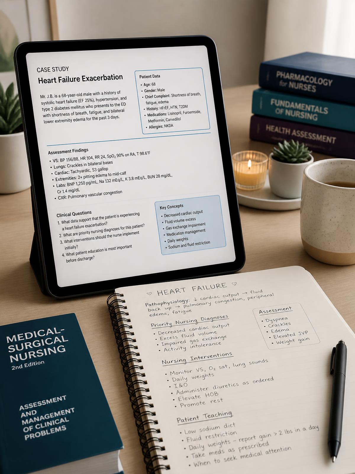 Nursing student reviewing NCLEX case studies on a tablet with study notes and medical textbooks